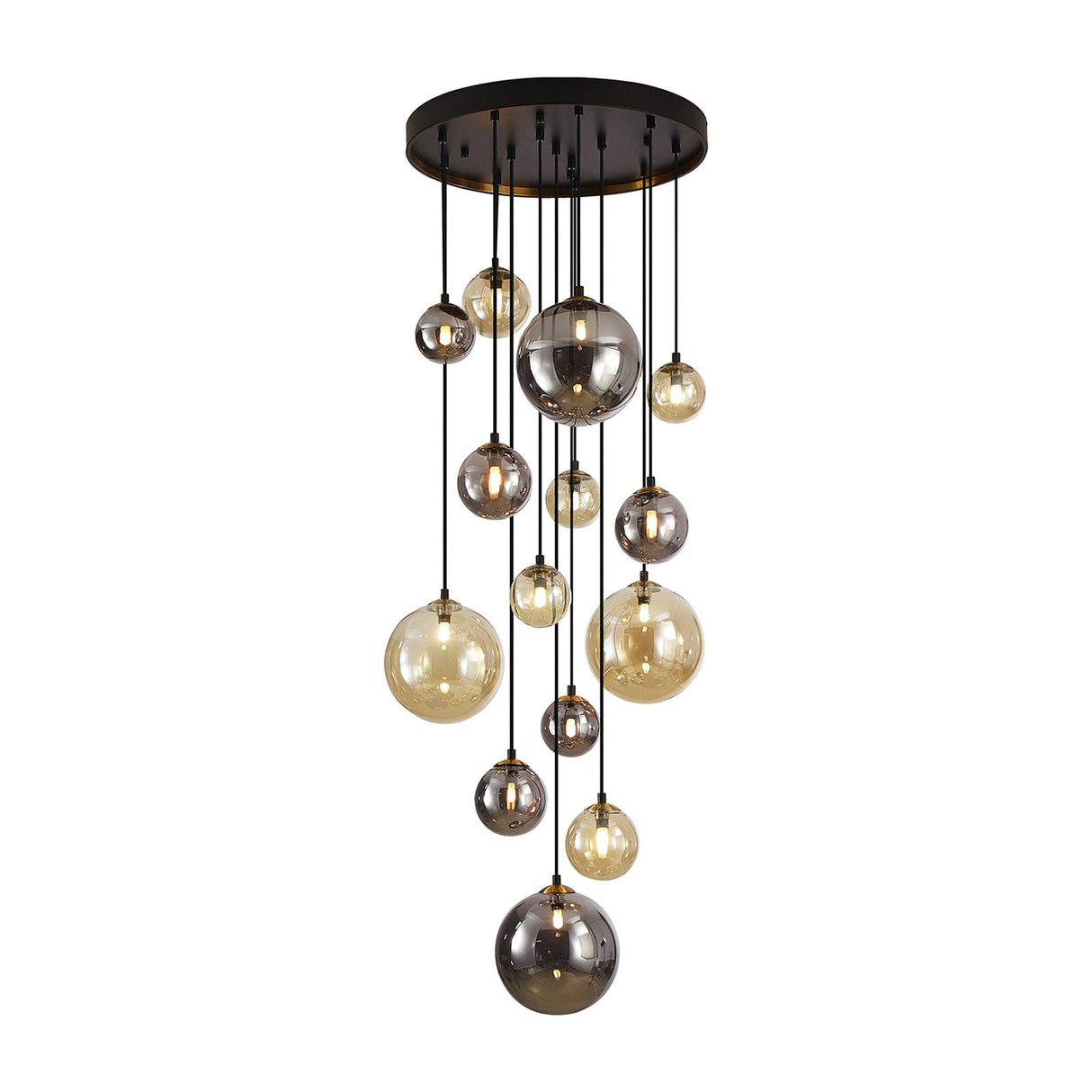 Dark 14 Light Spherical Glass Chandelier - Black and Brass
