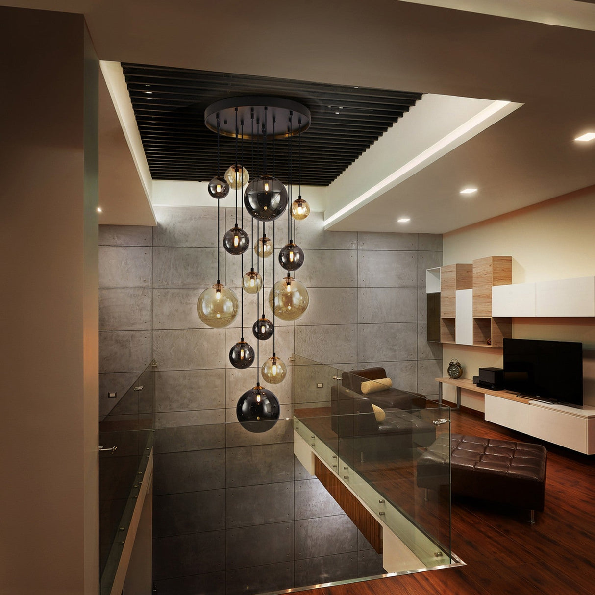 Dark 14 Light Spherical Glass Chandelier - Black and Brass shown in a room setting