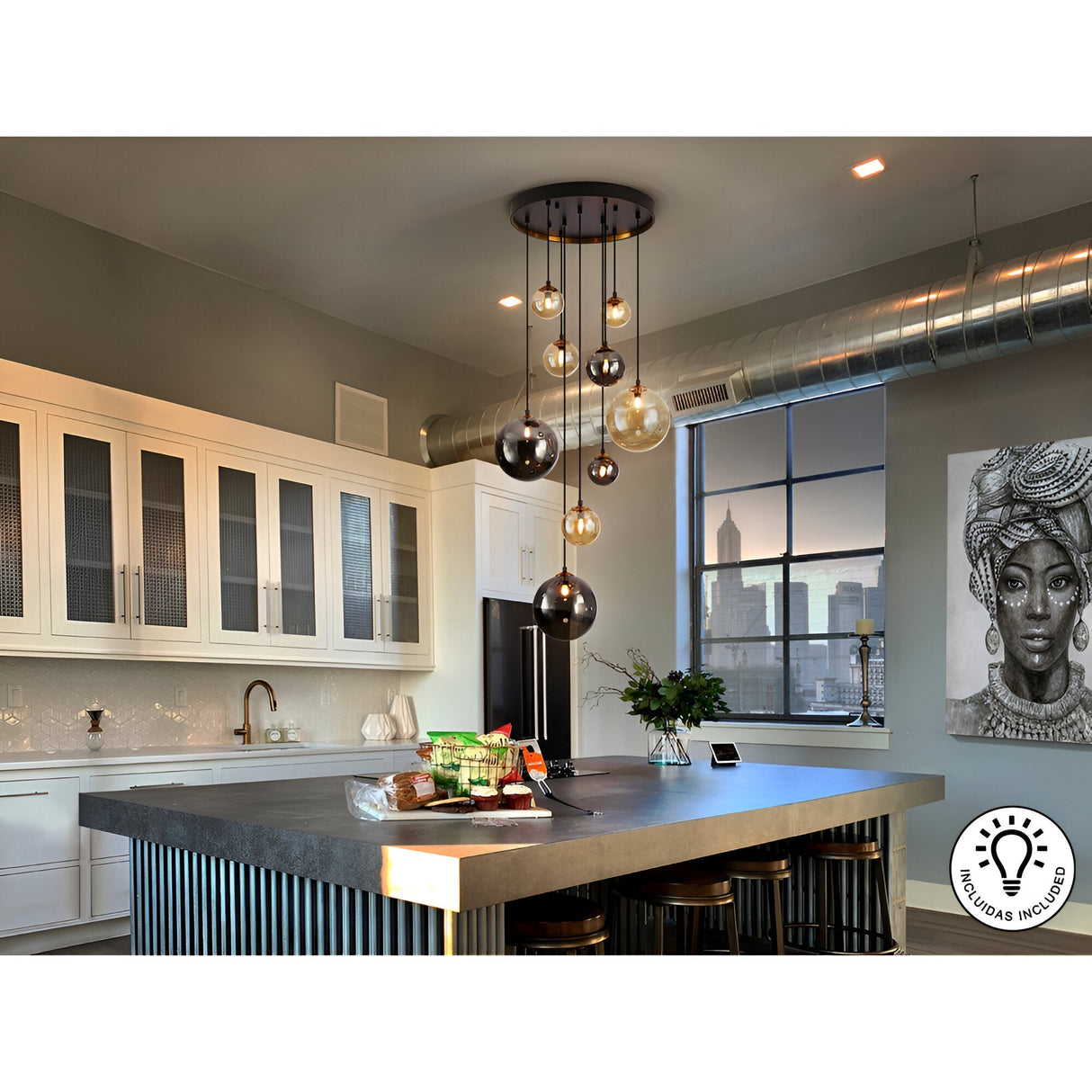 Dark 9 Light Glass Cluster Pendant - Black/Brass
