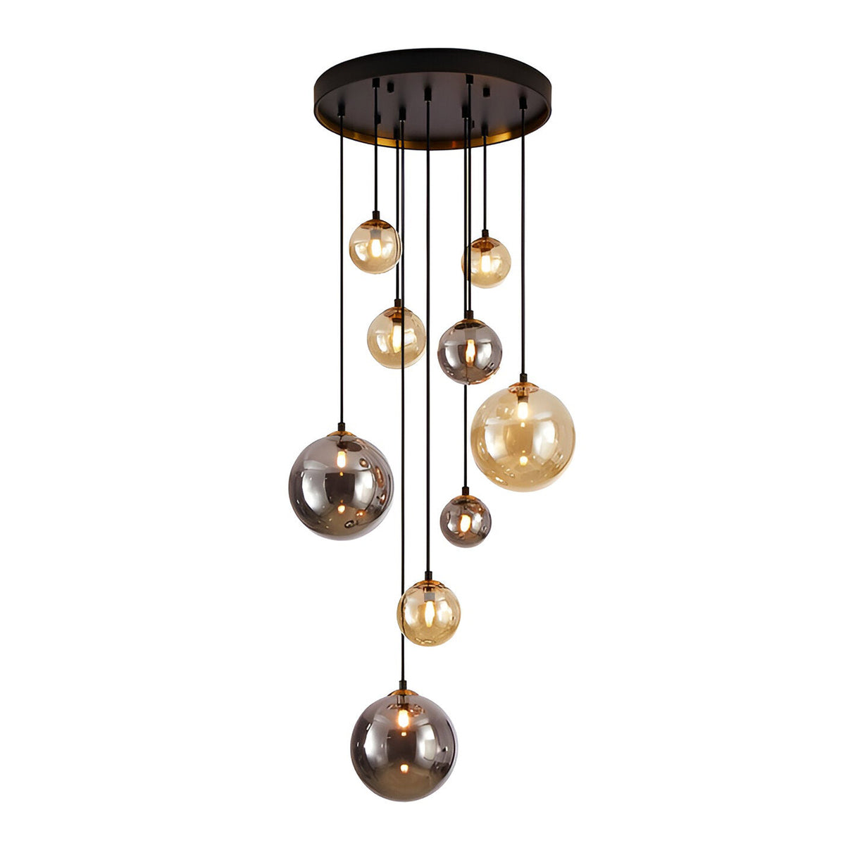Dark 9 Light Glass Cluster Pendant - Black/Brass