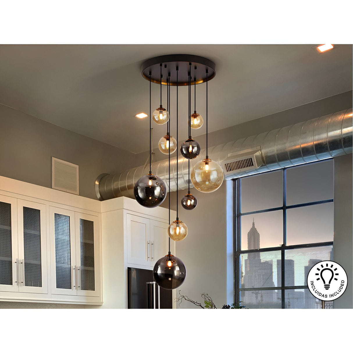 Dark 9 Light Glass Cluster Pendant - Black/Brass