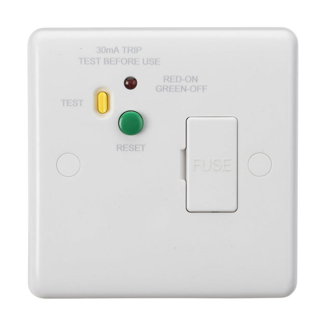 The 13A RCD Fused Spur Unit (Type A) - 30mA, with a rounded edge, includes a white electrical switch featuring a green Reset button and yellow Test button. It has a label indicating a 30mA trip and text that reads "Test Before Use" alongside "Red-On Green-Off." A section labeled "Fuse" is visible, showcasing its passive latching system among essential electronic components.