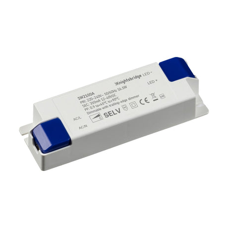 A rectangular 16.5W 350ma 40V Constant Current Dimmable LED Driver has blue ends and a white surface displaying specifications like brand, voltage, model details, and dimming functionality for a versatile power solution.