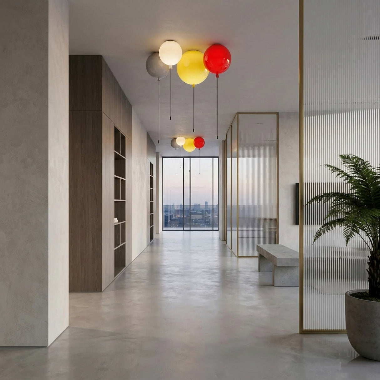 Minimalist hallway with smooth concrete floors, wood and glass walls, a potted plant, bench, and vibrant Memory Flush Ceiling Lights. Large windows at the end offer views of the cityscape.