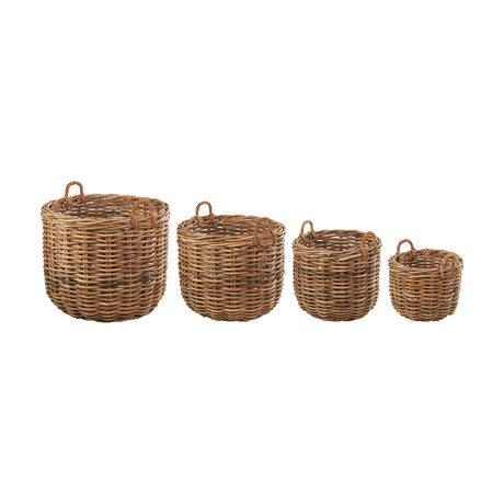 Set of four graduated chunky rattan log baskets in natural finish with woven handles, arranged largest to smallest on a plain white background.