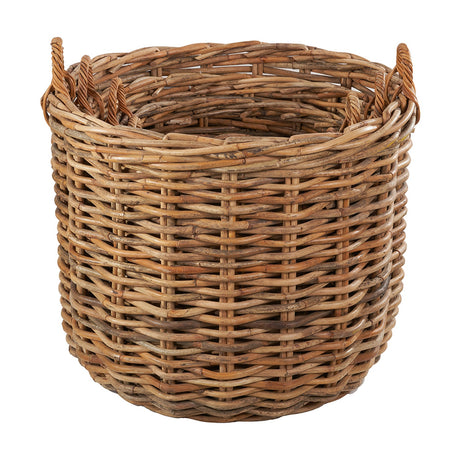 Round chunky rattan log basket in natural finish with woven handles, part of the Tobs set of 4, shown against a plain white background.