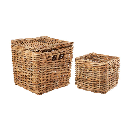 Set of two square chunky rattan storage baskets with lids in natural finish, shown in varying sizes on a plain white background.
