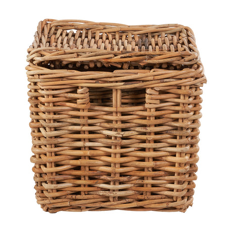 Square chunky rattan storage basket with cutout handles and woven lid, natural finish, shown on a plain white background.
