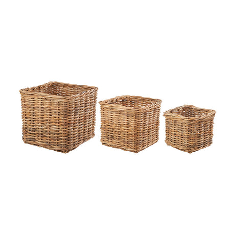 Tobs Set of 3 Chunky Rattan Log Baskets in natural finish, square woven storage baskets in three graduated sizes, shown on a plain white background.