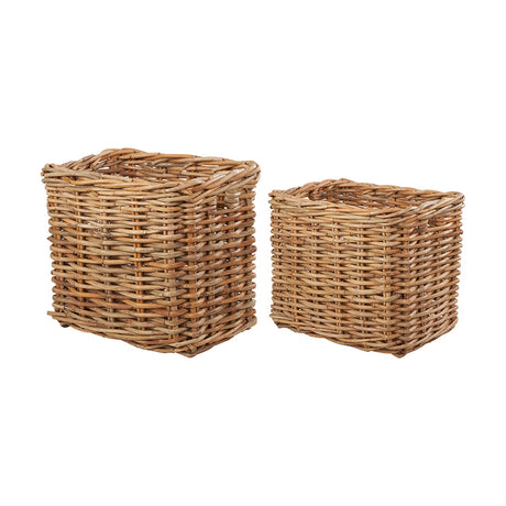 Set of two chunky rattan rectangular log baskets in natural finish, tapered square shape with woven texture, shown in two sizes on a plain white background.