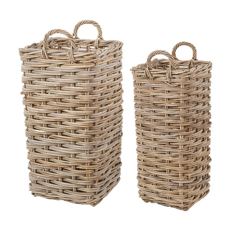 Set of two tall square woven Kubu rattan umbrella baskets in grey, tapered handles, on a plain white background.
