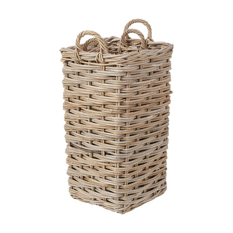 Tall square grey Kubu rattan umbrella basket with woven sides and looped carry handles, shown against a plain white background.