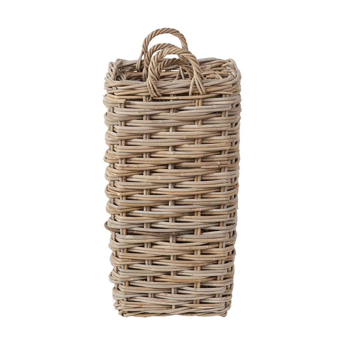 Tall rectangular Kubu umbrella basket in grey rattan with two woven loop handles, shown on a plain white background.