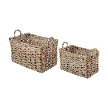 Tobs Set of 2 Rectangular Grey Kubu Storage Baskets, 51cm, in woven rattan with looped side handles, shown on a plain white background.