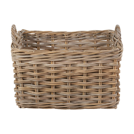 Rectangular Kubu rattan storage basket with woven side handles in a grey wash finish, shown against a plain white background.