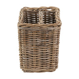 Tobs Grey Kubu Rattan Magazine Basket, 30cm tall woven storage basket with two loop handles, tapered square shape, on a plain white background.