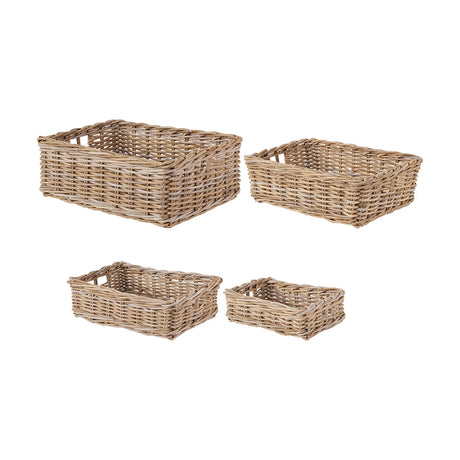 Set of four rectangular grey Kubu rattan storage trays in graduated sizes, open-weave design, shown on a plain white background.