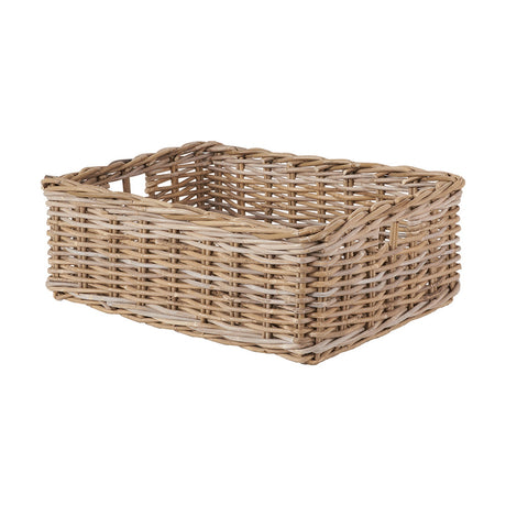 Rectangular grey Kubu rattan storage tray with an open woven top and sturdy handwoven sides, shown on a plain white background.