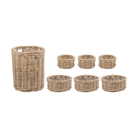 Set of 7 grey Kubu rattan storage baskets, one tall handled basket with six round nesting baskets in varied sizes, on a plain white background.