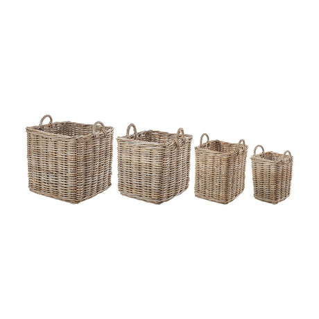 Set of four square grey Kubu rattan log baskets in graduated sizes, each with woven handles, shown on a plain white background.