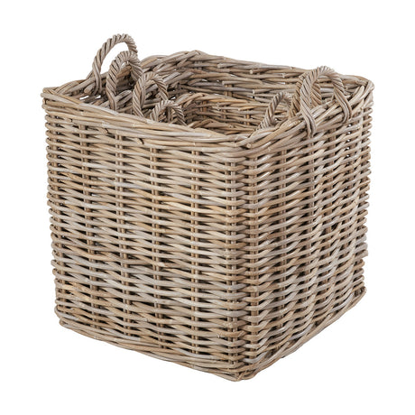 Square grey Kubu rattan log basket with woven twist handles on each side, shown on a plain white background.