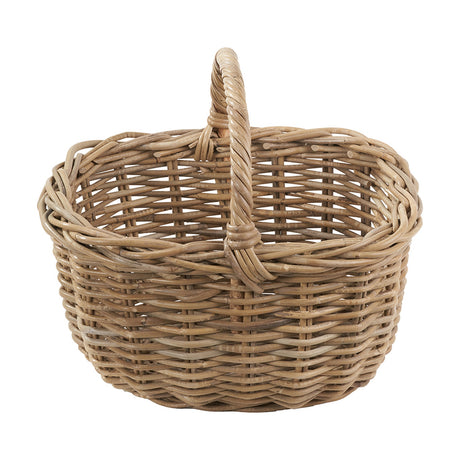 Tobs grey Kubu rattan shopping basket, 36cm, with a woven arched handle and round body, shown on a plain white background.