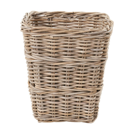 Tobs Grey Kubu Rattan Waste Paper Bin Storage Box, 35cm tall tapered woven basket in soft grey rattan, shown on a plain white background.
