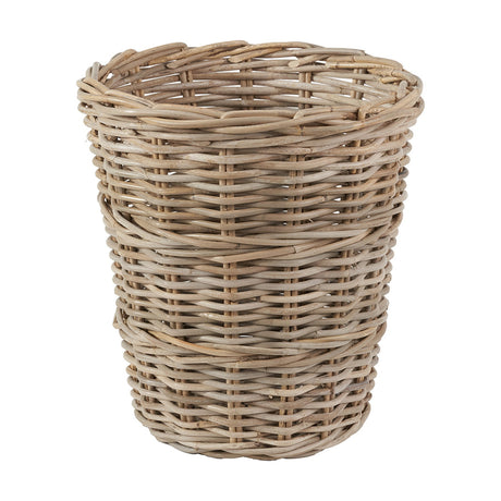 Tobs Grey Kubu Rattan Waste Paper Bin, tapered woven storage basket, 33cm, on a plain white background.