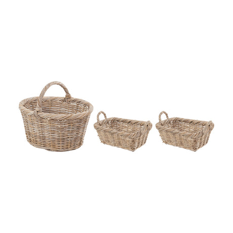 Set of 3 grey Kubu rattan baskets: one tall oval basket with looped handle and two smaller rectangular baskets with side handles, woven rattan finish, on a plain white background.