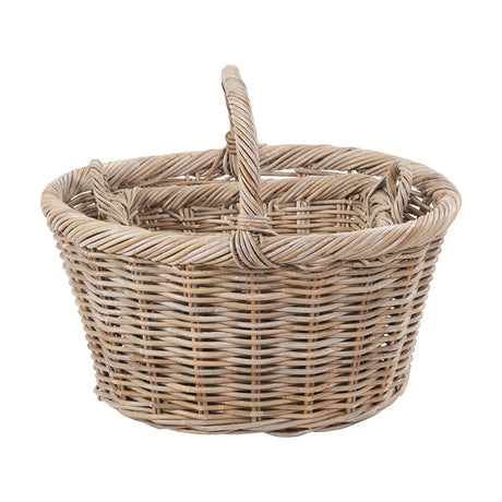 Oval woven Kubu rattan shopping basket in grey with a twisted looped handle and sturdy braided rim, shown on a plain white background.