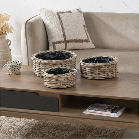 Tobs Set of 3 Indoor Outdoor Grey Kubu Rattan Basket Planters - 35cm