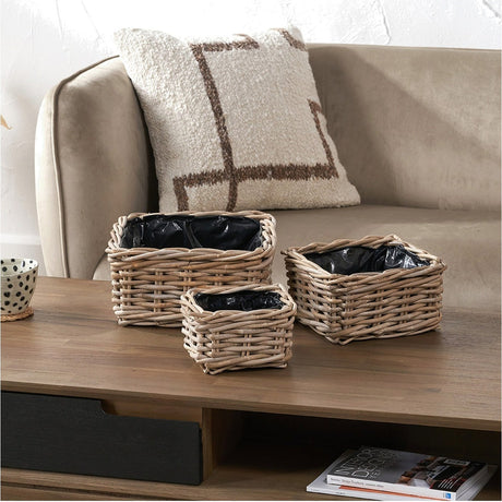 Tobs Set of 3 Indoor Outdoor Grey Kubu Rattan Basket Planters - 14cm