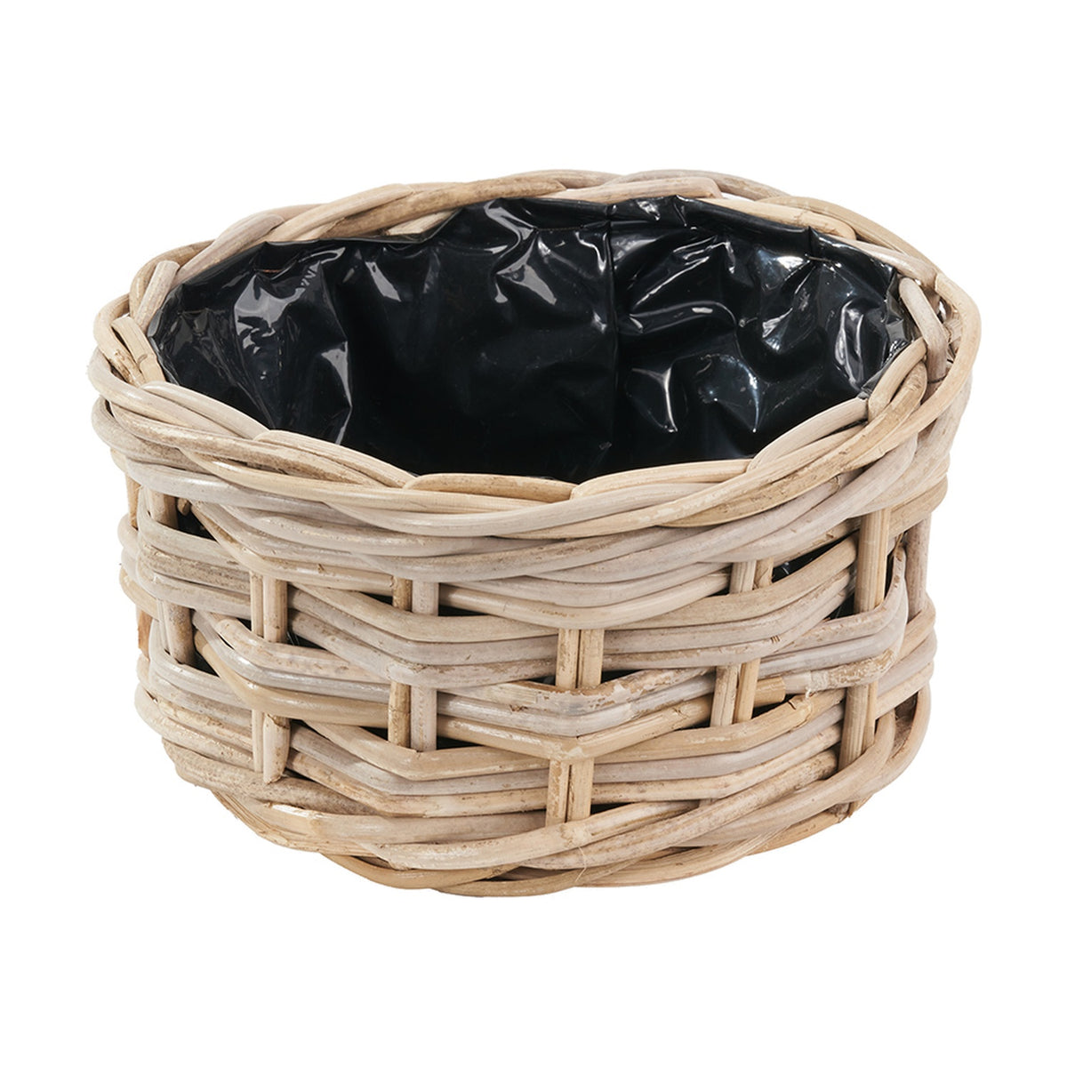 Round grey Kubu rattan basket planter with triple weave design and black plastic liner, shown on a plain white background.