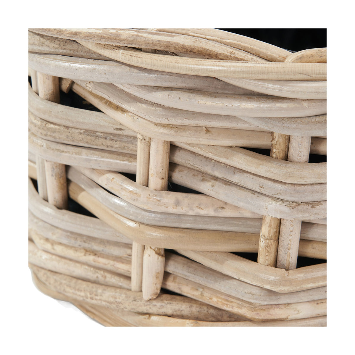 Close-up of the Tobs Kubu rattan planter showing its triple weave pattern in grey-washed rattan with visible vertical and horizontal reed detailing.