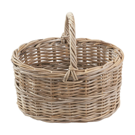 Tobs Grey Kubu Rattan straight-sided shopping basket with a woven twisted handle, round base, and tightly woven grey rattan sides, shown on a plain white background.