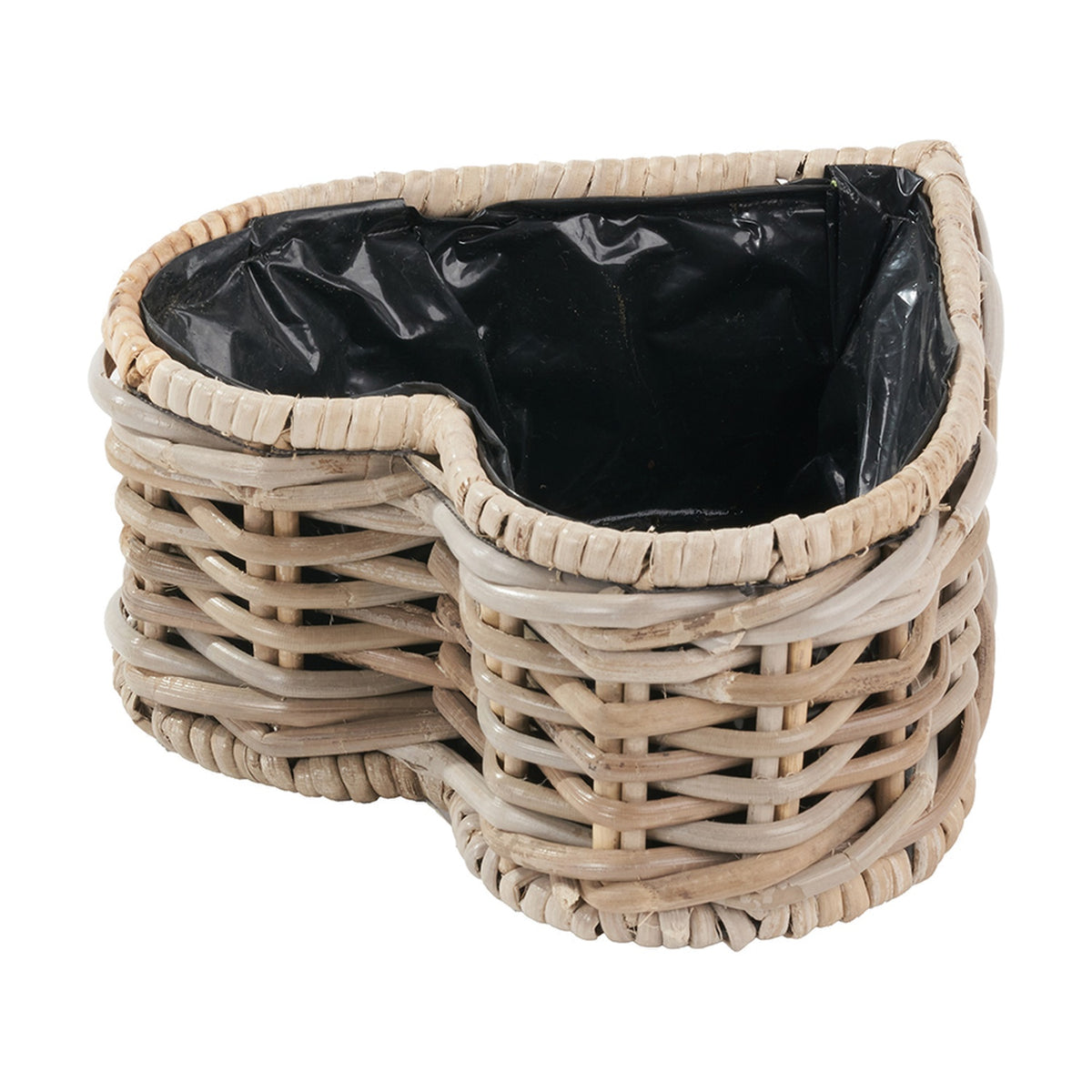 Tobs heart-shaped planter in grey Kubu rattan with woven basket sides and black plastic liner, shown on a white background.