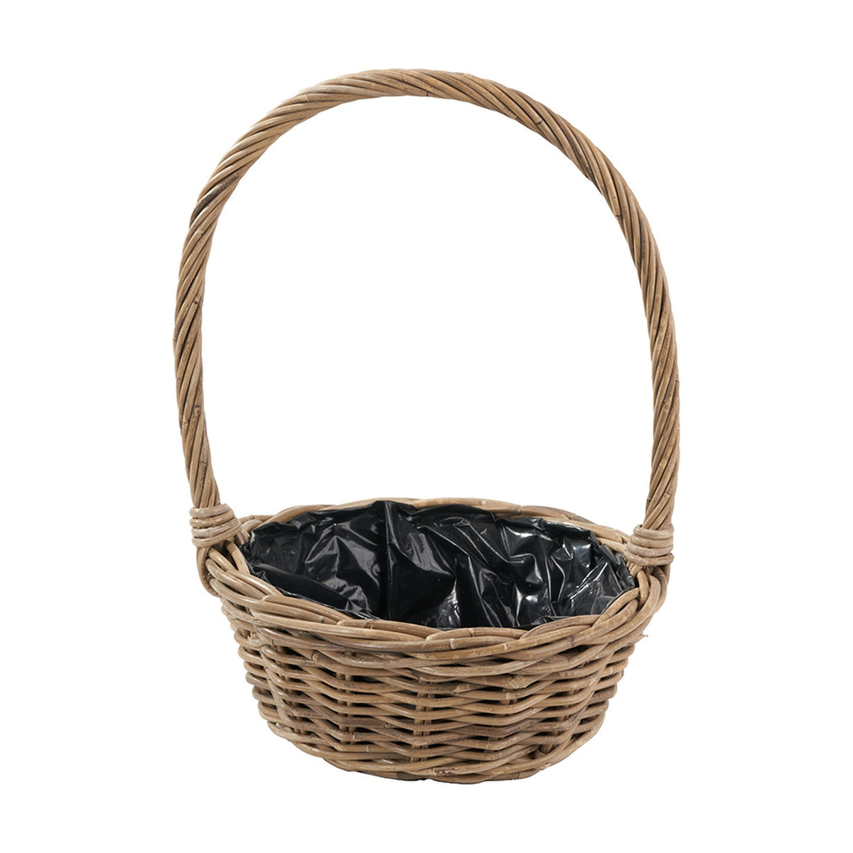 Woven grey Kubu rattan flower basket planter with tall arched handle and black plastic liner, shown on a plain white background.