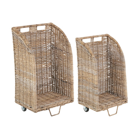 Set of 2 tall grey Kubu rattan log basket trolleys with woven finish and castor wheels, shown on a plain white background.