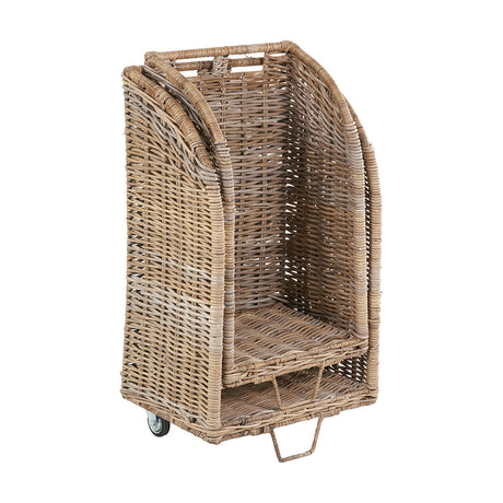 Tall grey Kubu rattan log basket trolley, 93cm, with open woven sides, shelf base, castor wheels, and metal handle, shown on a plain white background.