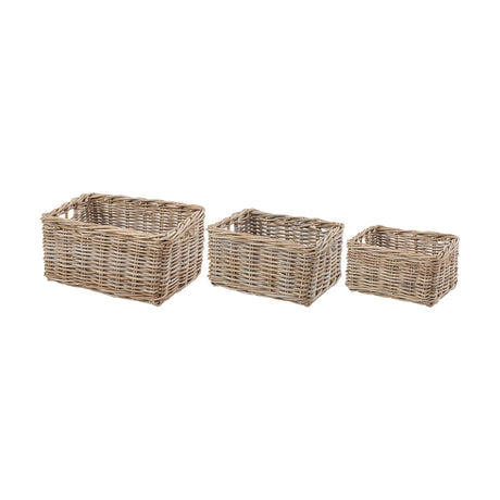 Tobs set of three grey Kubu rattan rectangular storage baskets in graduated sizes with open weave handles, shown on a plain white background.