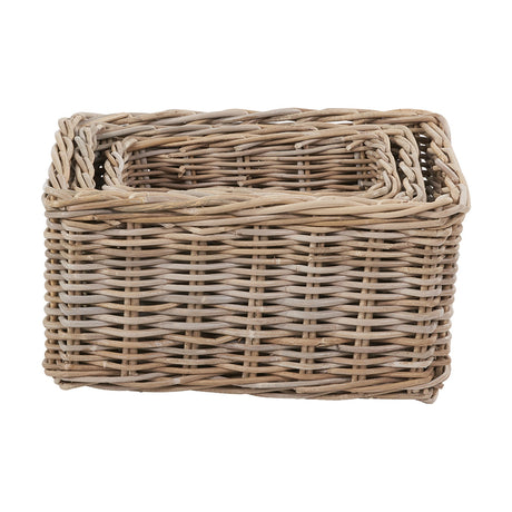 Tobs set of 3 rectangular storage baskets in grey Kubu rattan with woven open-weave sides, nested together on a plain white background.
