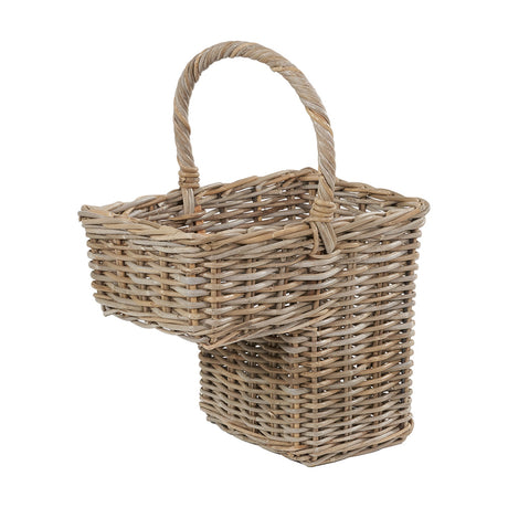 Tobs Grey Kubu Rattan Stair Basket, 55cm, a stepped woven storage basket with an arched carry handle, shown against a plain white background.