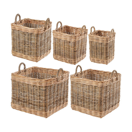 Set of five Kubu rattan storage baskets in graduated sizes, square woven bodies with looped handles in grey and natural tones, shown on a plain white background.