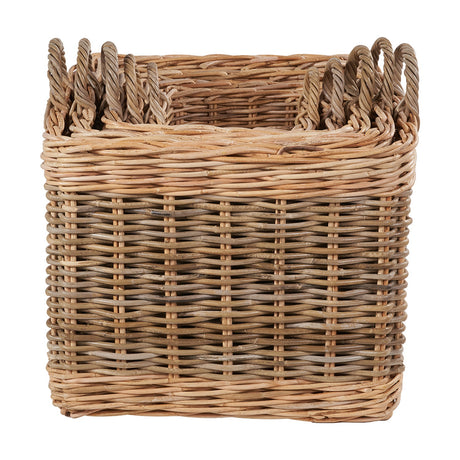 Square nested Kubu rattan storage basket in grey with woven sides and looped carry handles, shown on a plain white background.