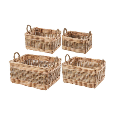 Set of four rectangular Kubu rattan storage baskets in graduated sizes with woven handles, shown in natural grey-brown tones on a plain white background.