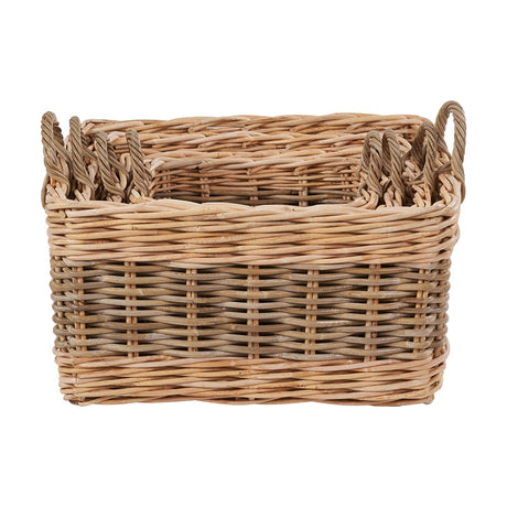 Rectangular Kubu rattan storage basket with woven grey and natural tones and twisted rope-style side handles, shown against a plain white background.