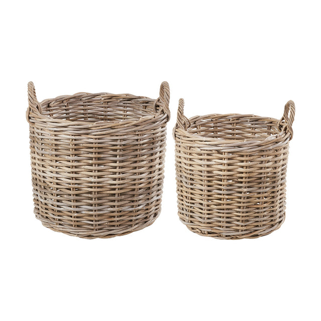 Tobs Set of 2 grey rattan round log baskets, 56cm, woven with looped side handles, shown in graduated sizes on a plain white background.