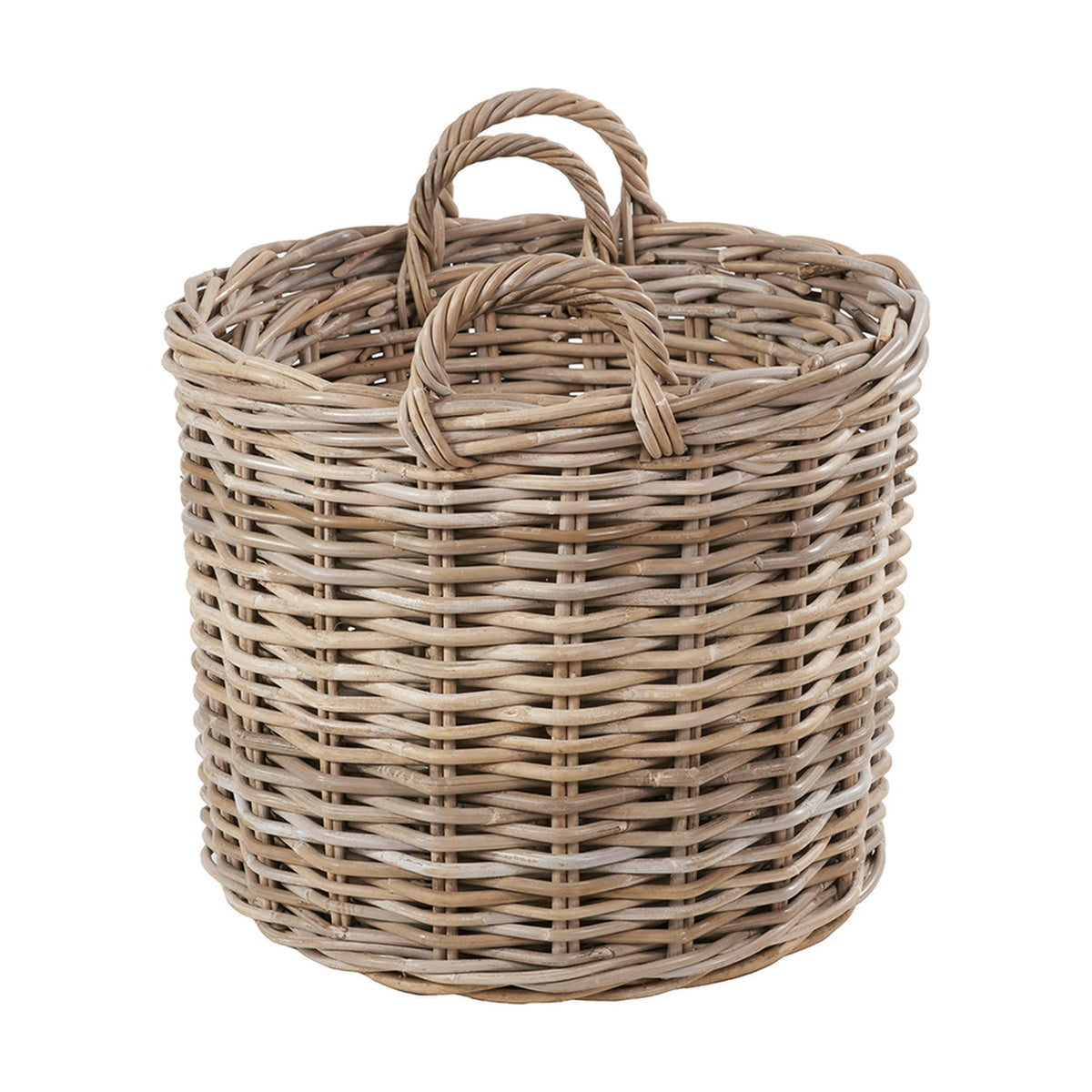 Tobs round log basket in grey rattan, 56cm wide, with two twisted carry handles, shown on a plain white background.