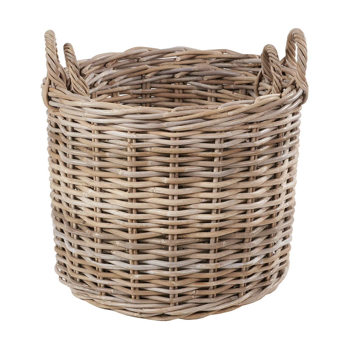 Round grey rattan log basket with two woven side handles, tightly woven body, and a plain white background.