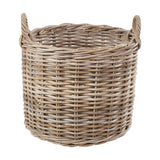 Round grey rattan log basket, 56cm wide, with two woven side handles, shown on a plain white background.